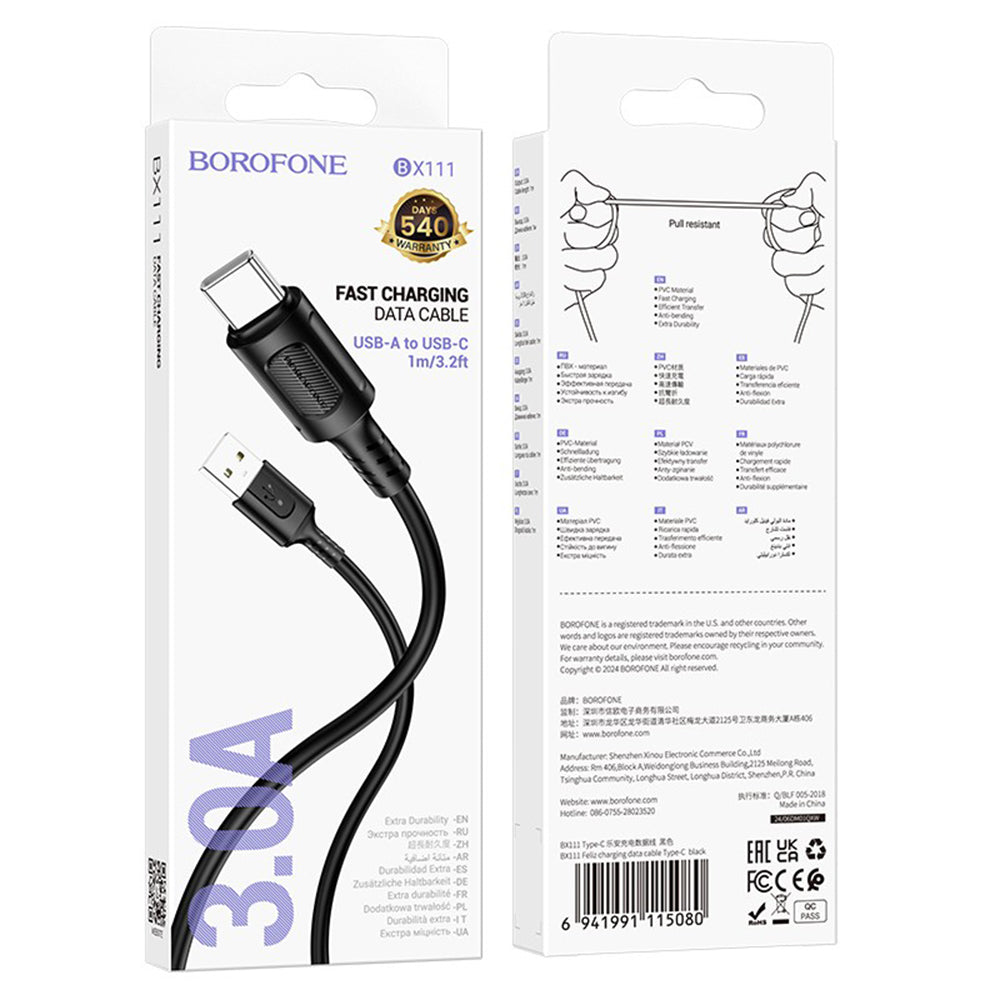 Data- og opladningskabel USB-A - USB-C Borofone BX111 Feliz, 20W, 1m, Sort