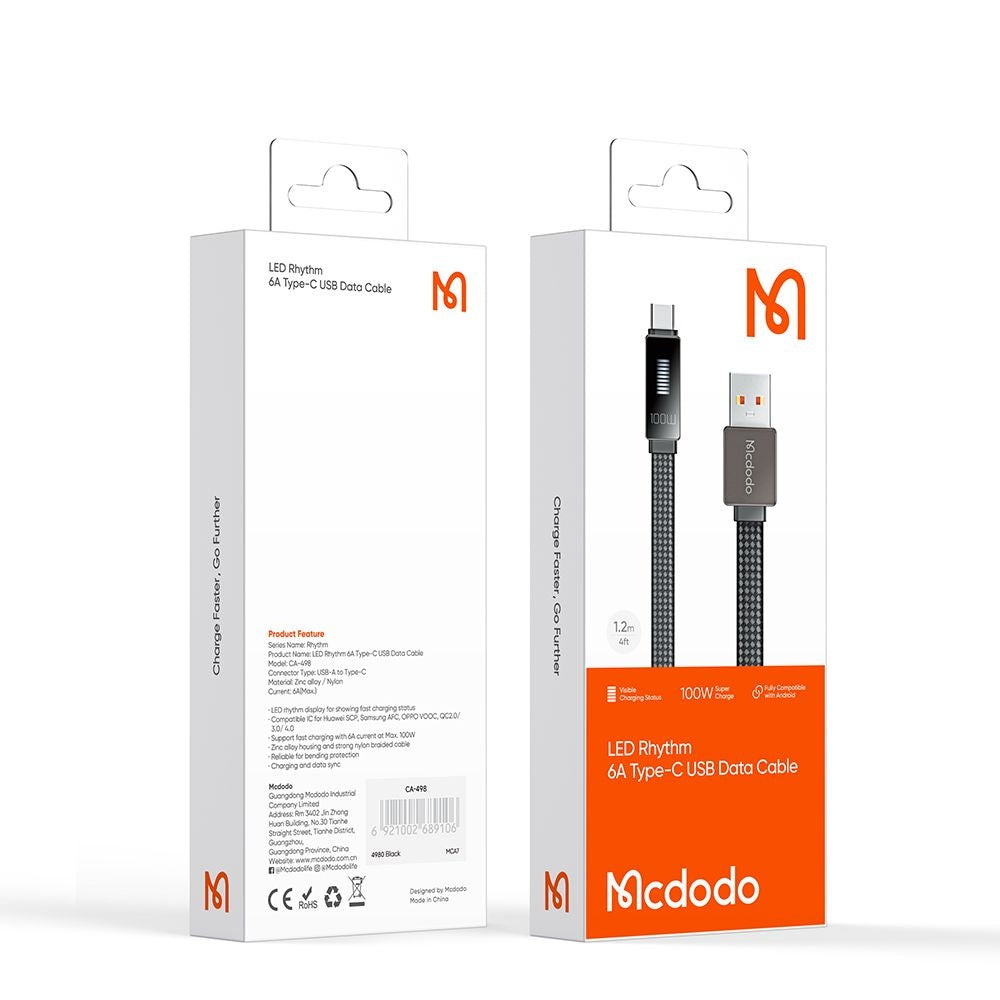 USB-A to USB-C McDodo CA-4980 Rythm Display Data and Charging Cable, 100W, 1.2m, Black
