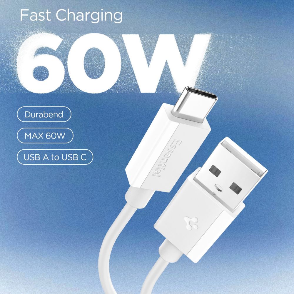 Data- og opladningskabel USB-A - USB-C Spigen Essential, 60W, 1m, Hvid ACA08715