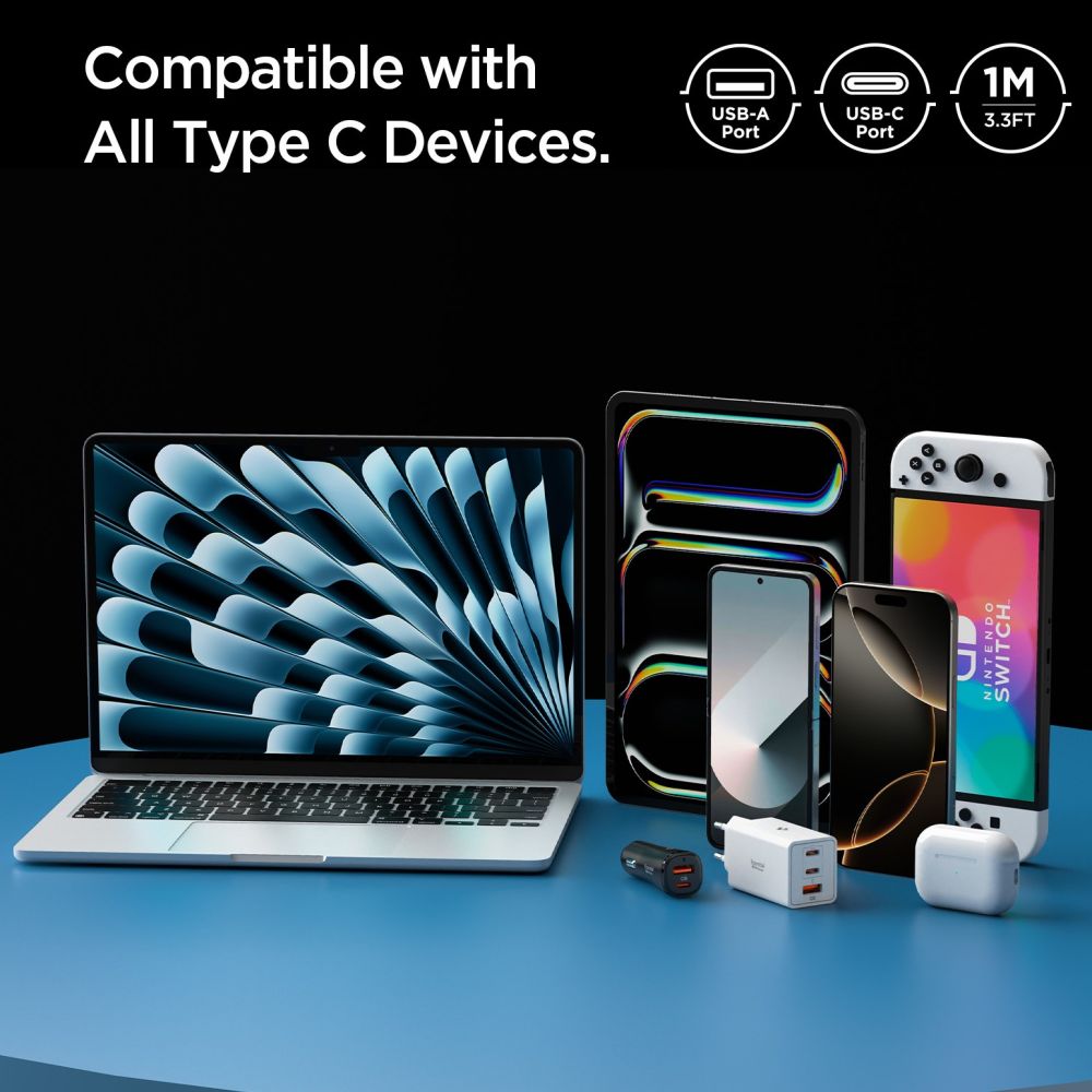 Data- og opladningskabel USB-A - USB-C Spigen Essential, 60W, 1m, Hvid ACA08715