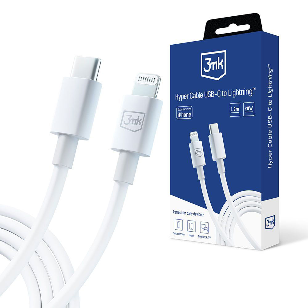 USB-C - Lightning Data- og Opladningskabel 3MK Hyper, 20W, 1,2m, Hvid