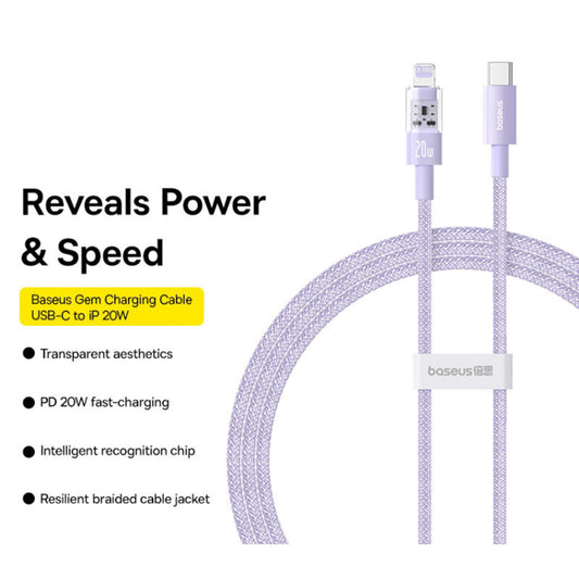 Data- og opladningskabel USB-C - Lightning Baseus Gem, 20W, 2m, Lilla P10373001511-01