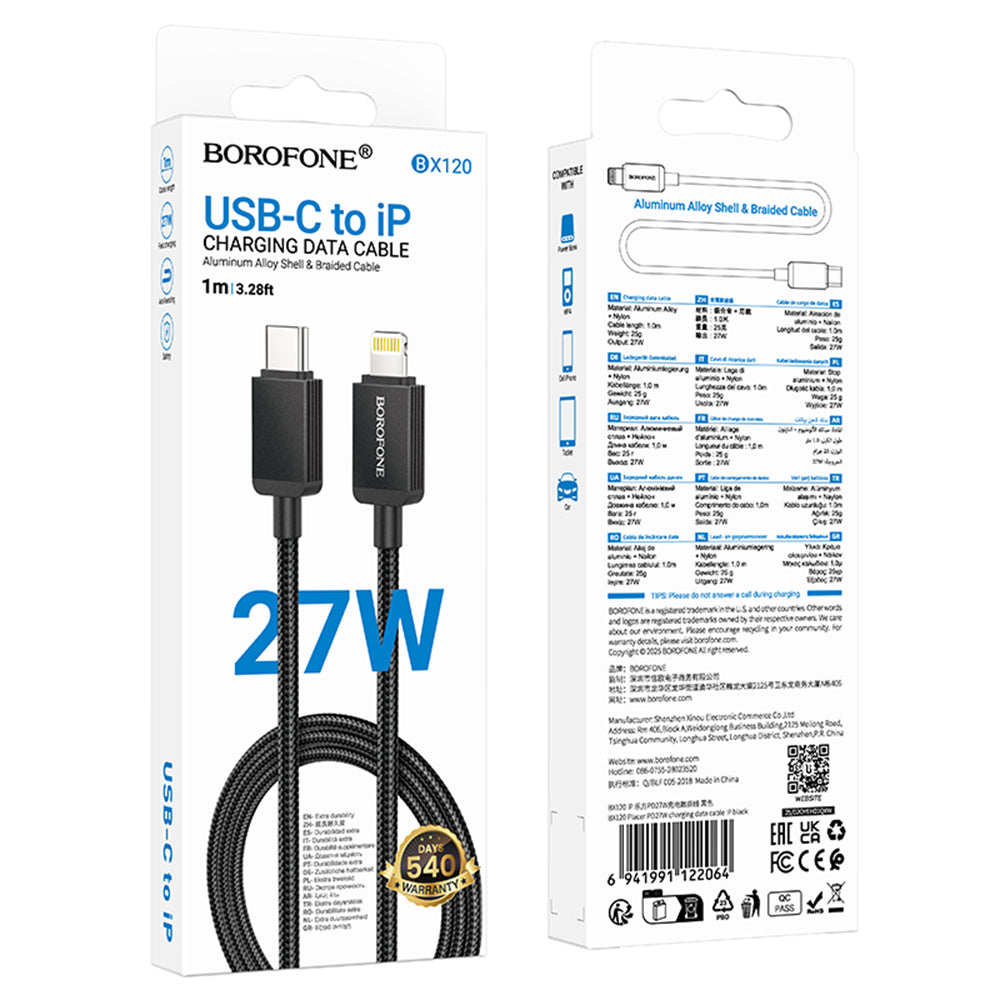 Data- og opladningskabel USB-C - Lightning Borofone BX120 Placer, 27W, 1m, Sort