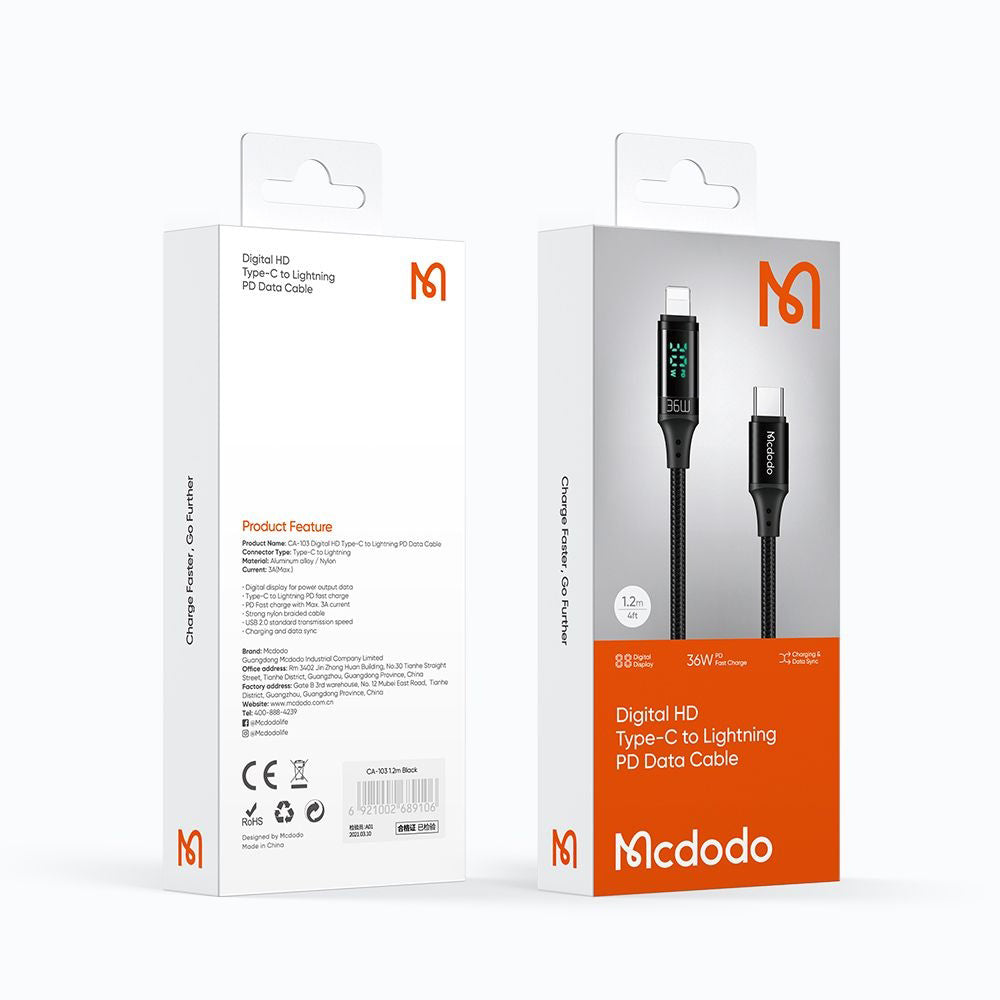 Data- og opladningskabel USB-C - Lightning McDodo CA-1030 Display, 36W, 1.2m, Sort