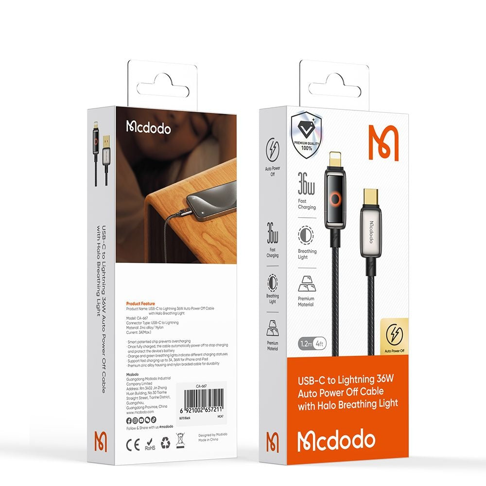 Data- og opladningskabel USB-C - Lightning McDodo CA-6670 Auto Power Off, 36W, 1,2m, Sort