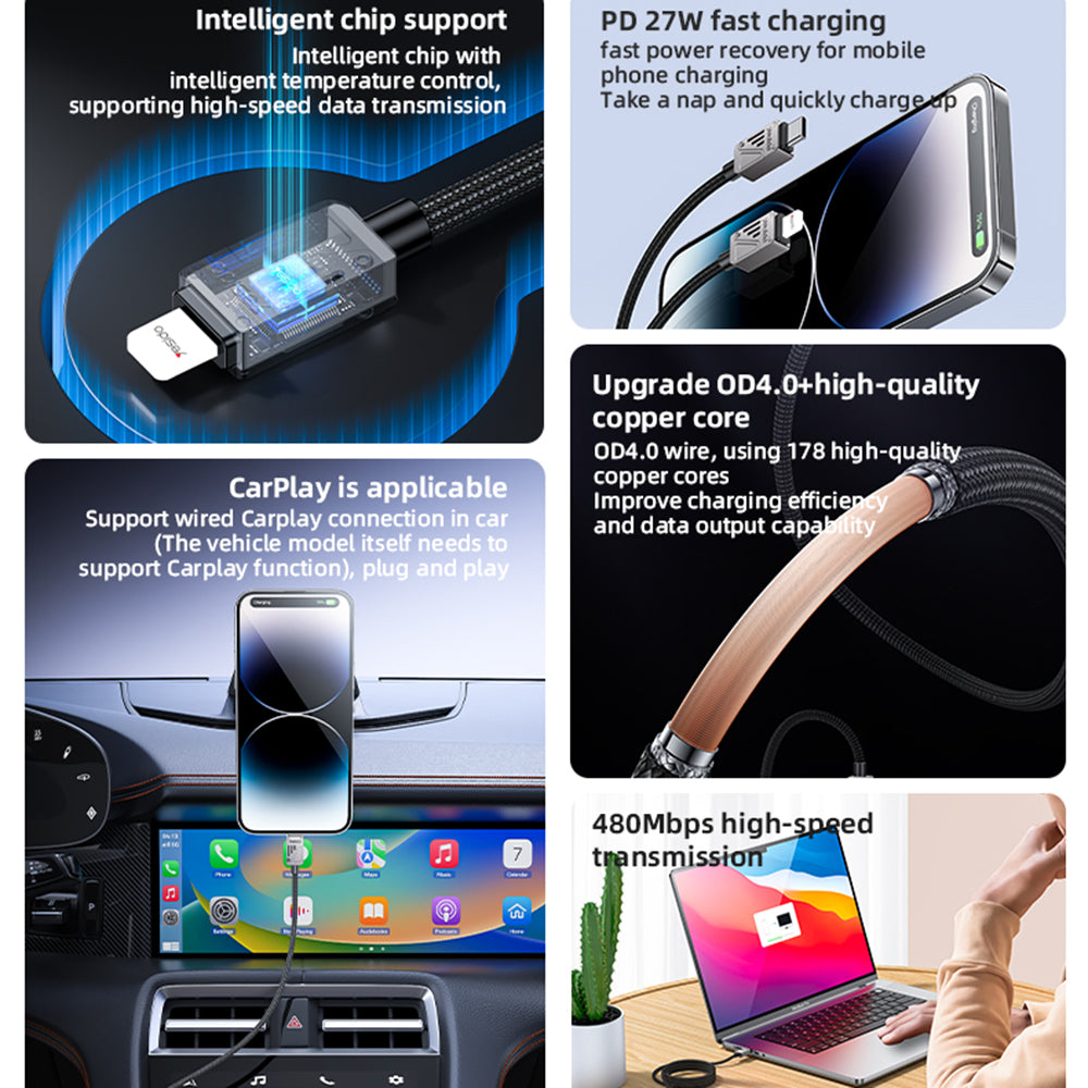 USB-C - Lightning opladnings- og datakabel Yesido CA195, 27W, 1.2m, Sort
