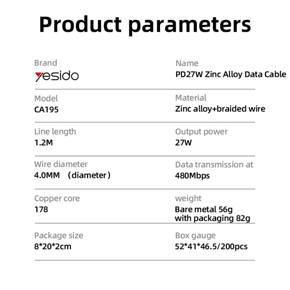 USB-C - Lightning opladnings- og datakabel Yesido CA195, 27W, 1.2m, Sort