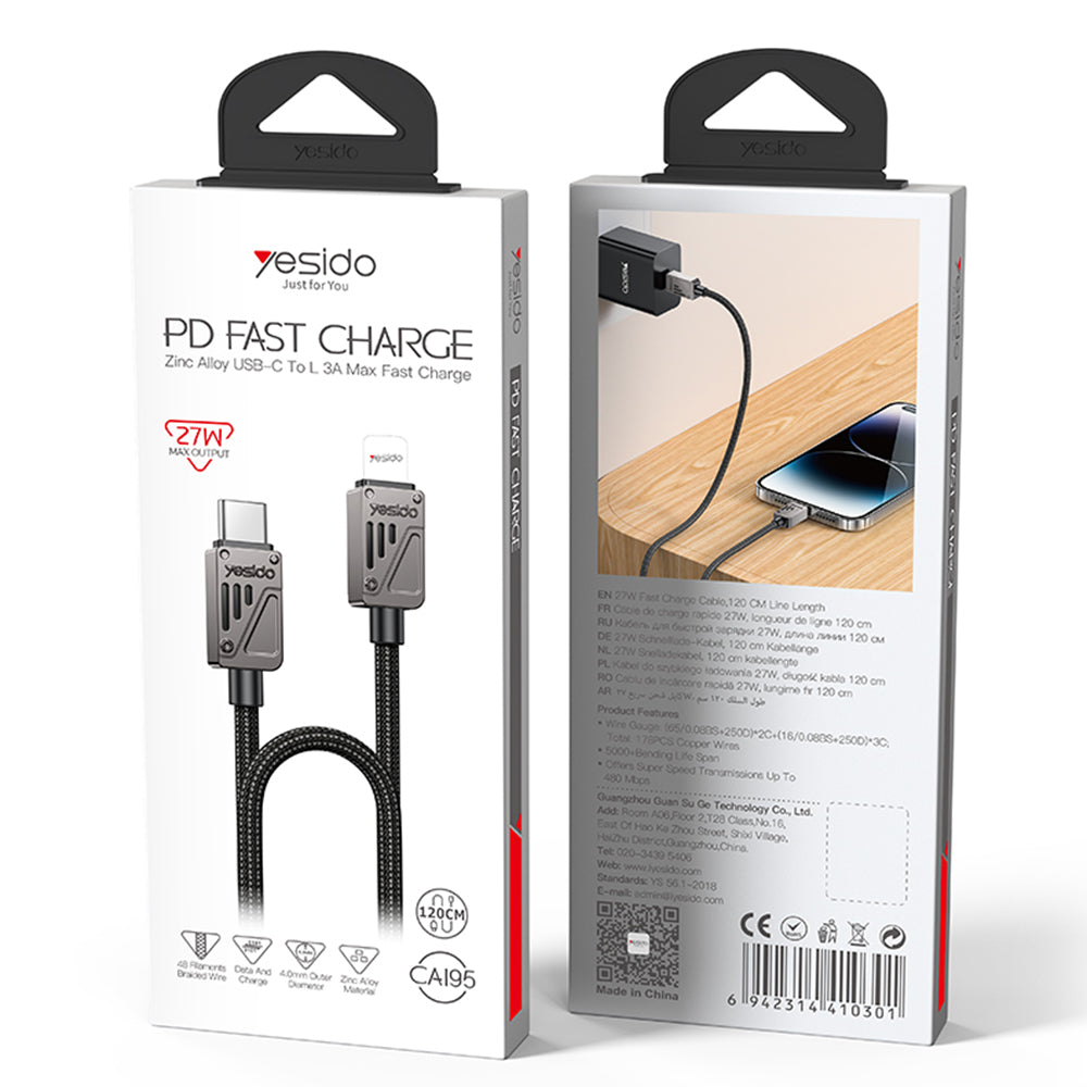 USB-C - Lightning opladnings- og datakabel Yesido CA195, 27W, 1.2m, Sort