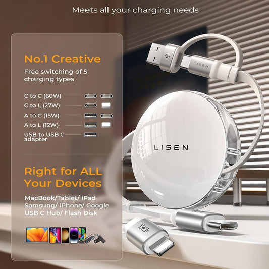USB-C / USB-A data- og opladningskabel - USB-C / Lightning Lisen, 60W, 1m, hvid YL0123030001