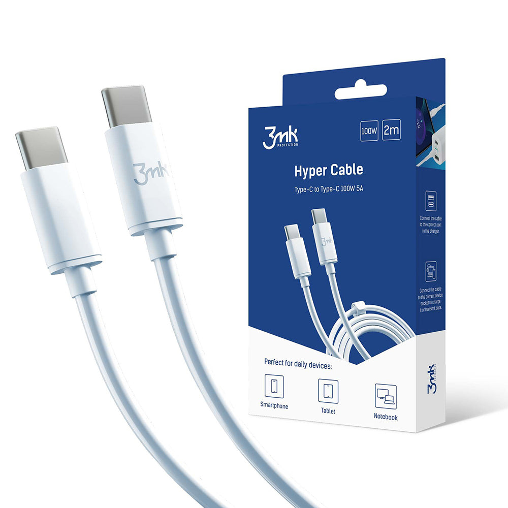 USB-C Data- og Opladningskabel - USB-C 3MK Hyper, 100W, 2m, Hvid