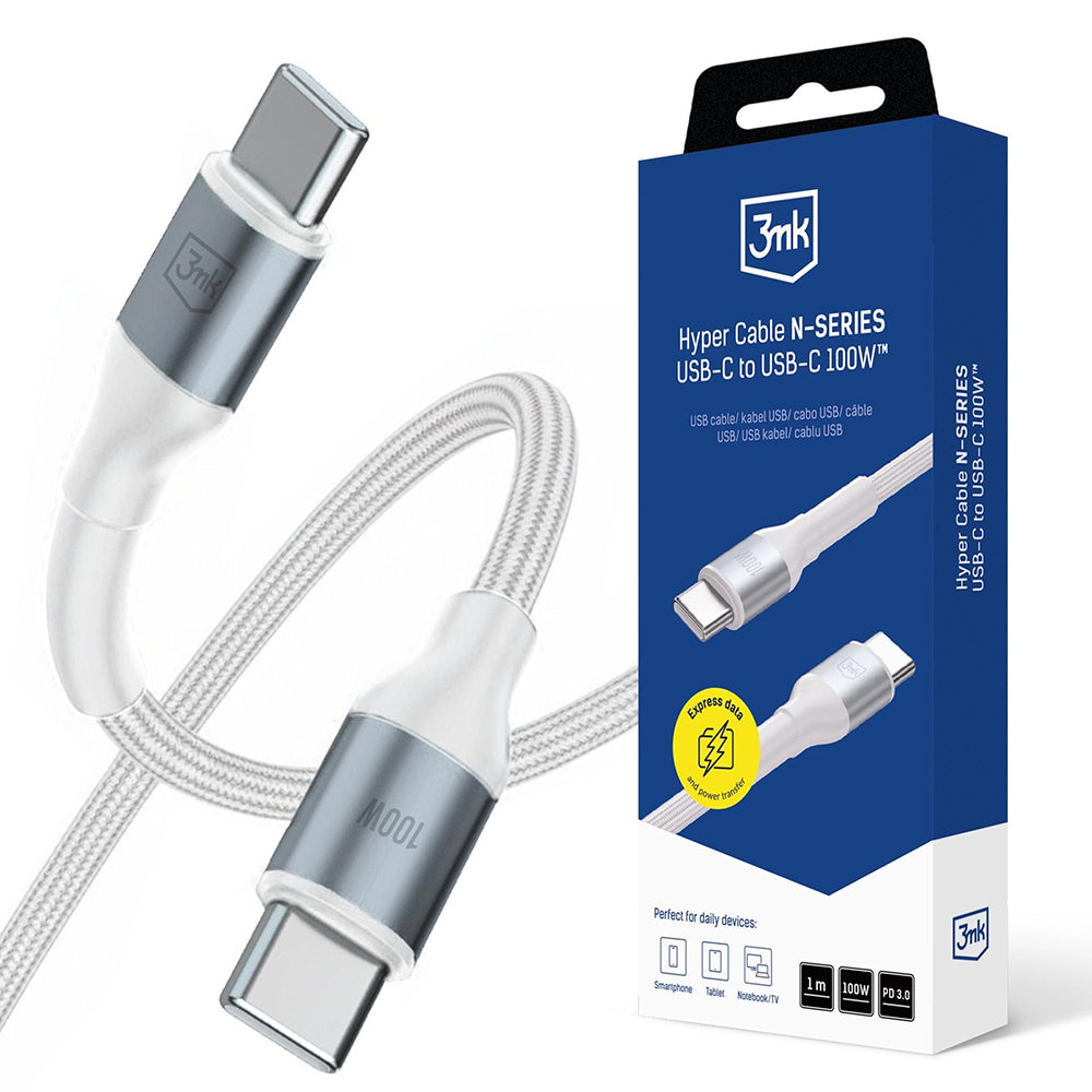 Data- og opladningskabel USB-C - USB-C 3MK Hyper N, 100W, 1m, Hvid