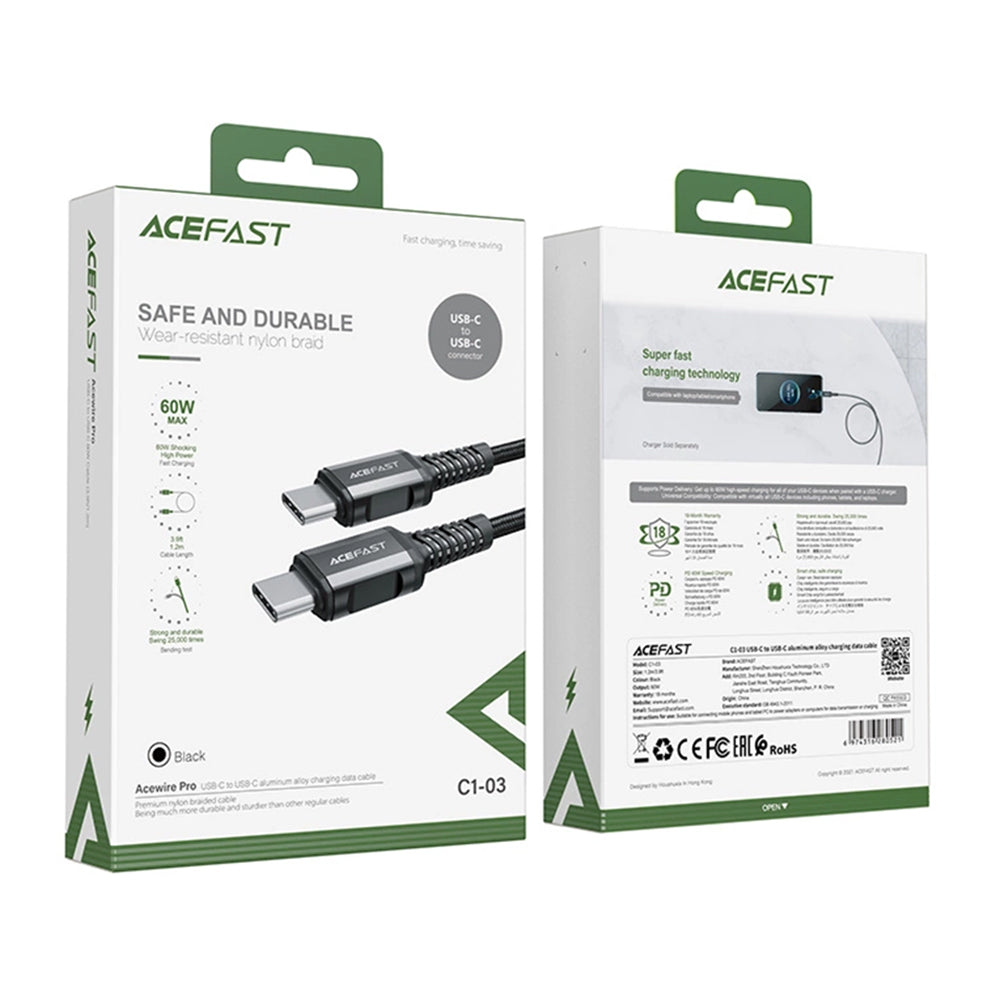 USB-C Data and Charging Cable - USB-C Acefast C1-03, 60W, 1.2m, Black