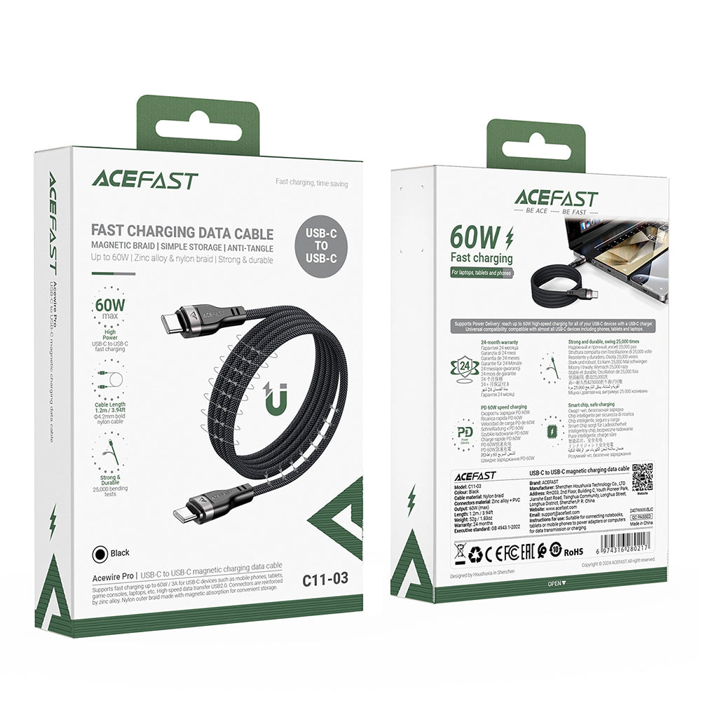 Data- og opladningskabel USB-C - USB-C Acefast C11-03, 60W, 1,2m, Sort