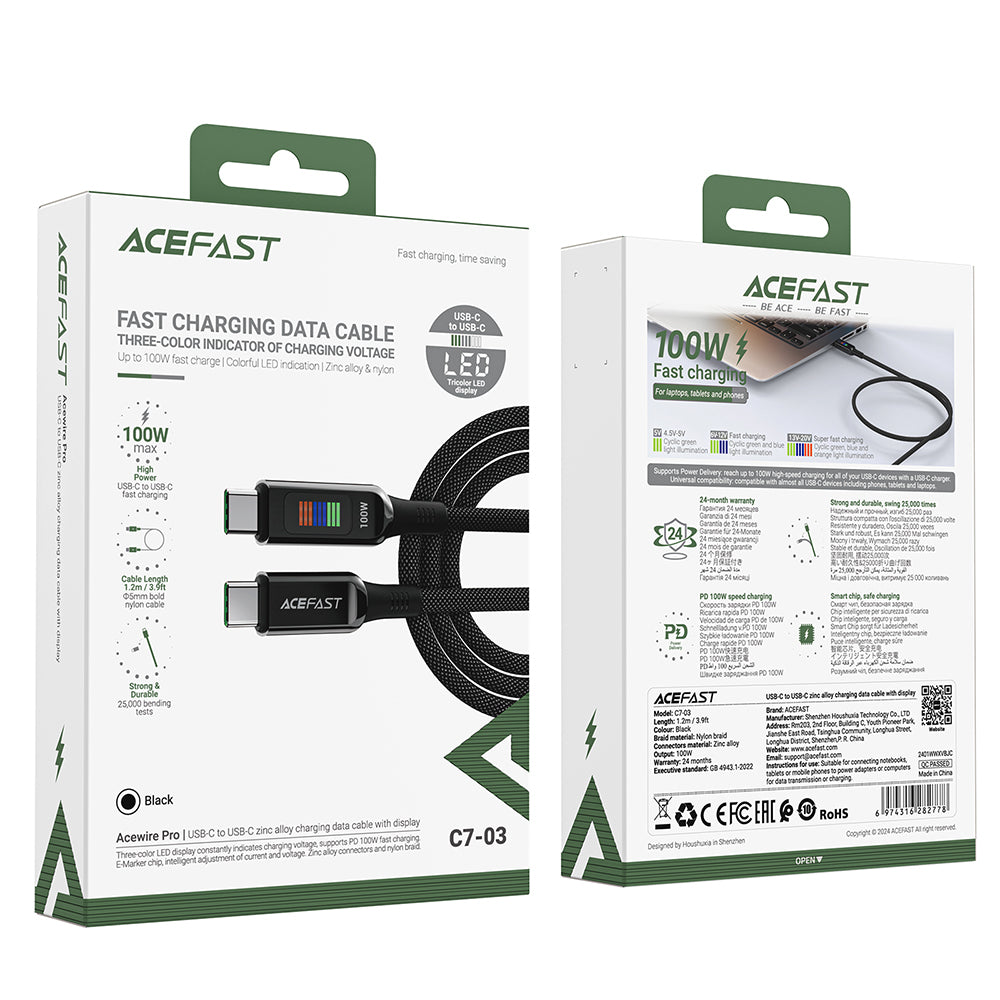 Data- og opladningskabel USB-C - USB-C Acefast C7-03, 100W, 1,2m, Sort