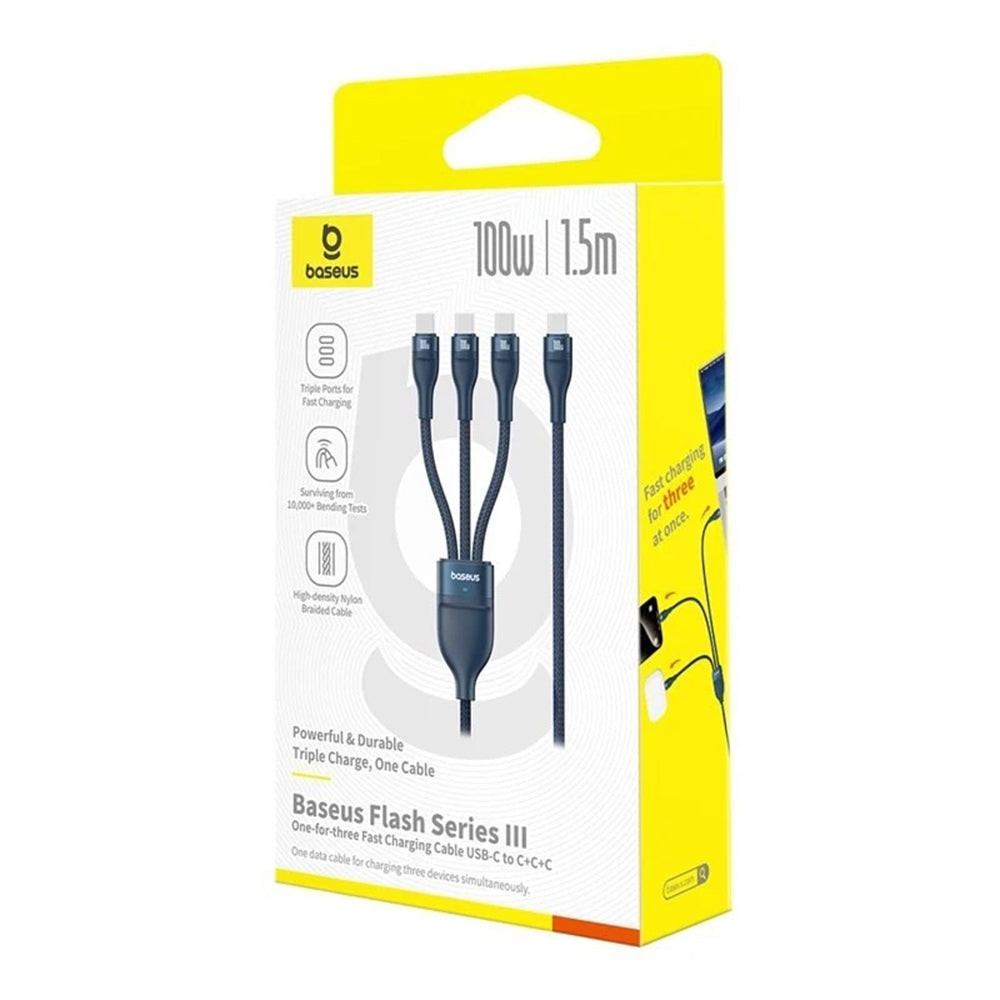 USB-C Opladerkabel - 3 x USB-C Baseus Flash Series III 3in1, 100W, 1.5m, Blå P10377503321-00