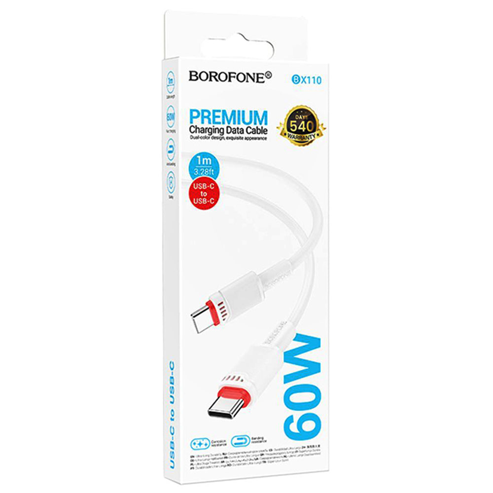 Data- og opladningskabel USB-C - USB-C Borofone BX110 Beneficio, 60W, 1m, Hvid
