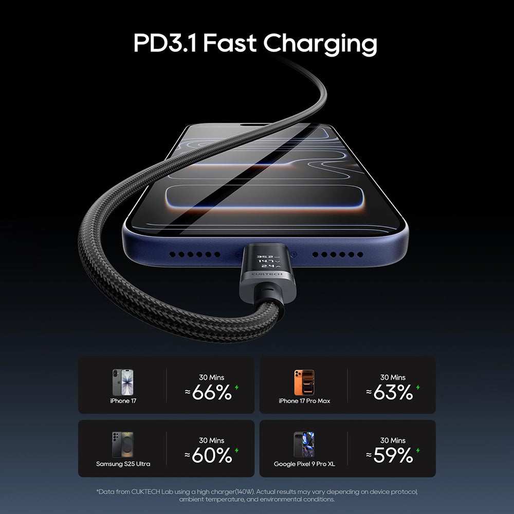 USB-C Data- og Opladningskabel - USB-C Cuktech CTC620P Display, 240W, 2m, Sort CCTC620POSBK