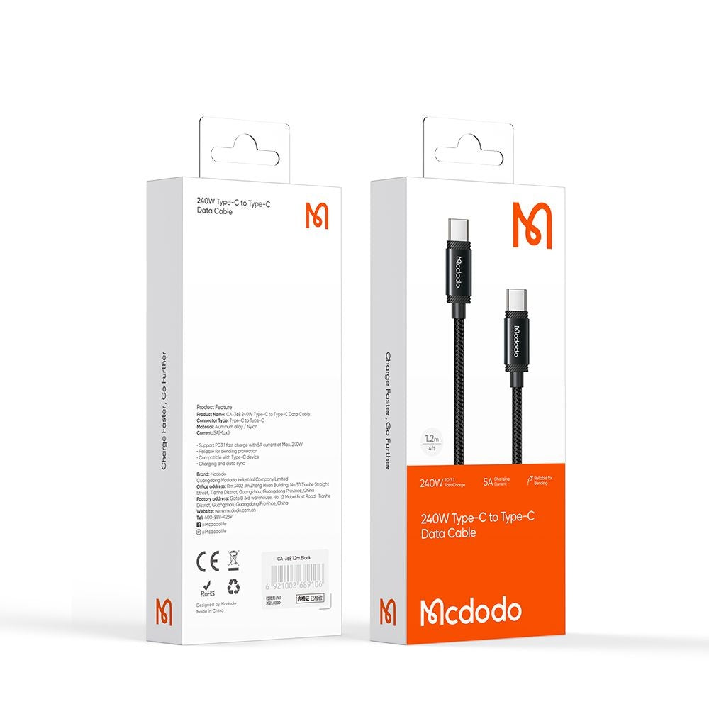 Data- og opladningskabel USB-C - USB-C McDodo CA-3680, 240W, 1.2m, Sort