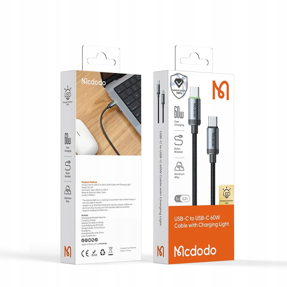Data- og opladningskabel USB-C - USB-C McDodo CA-4410, 60W, 1m, Sort