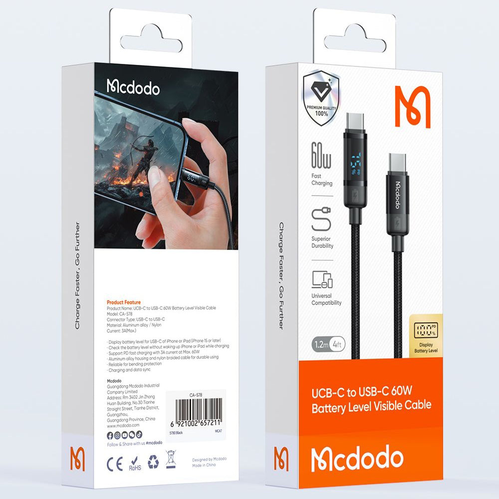 Data- og opladningskabel USB-C - USB-C McDodo CA-5780 Bat Display, 60W, 1.2m, Sort