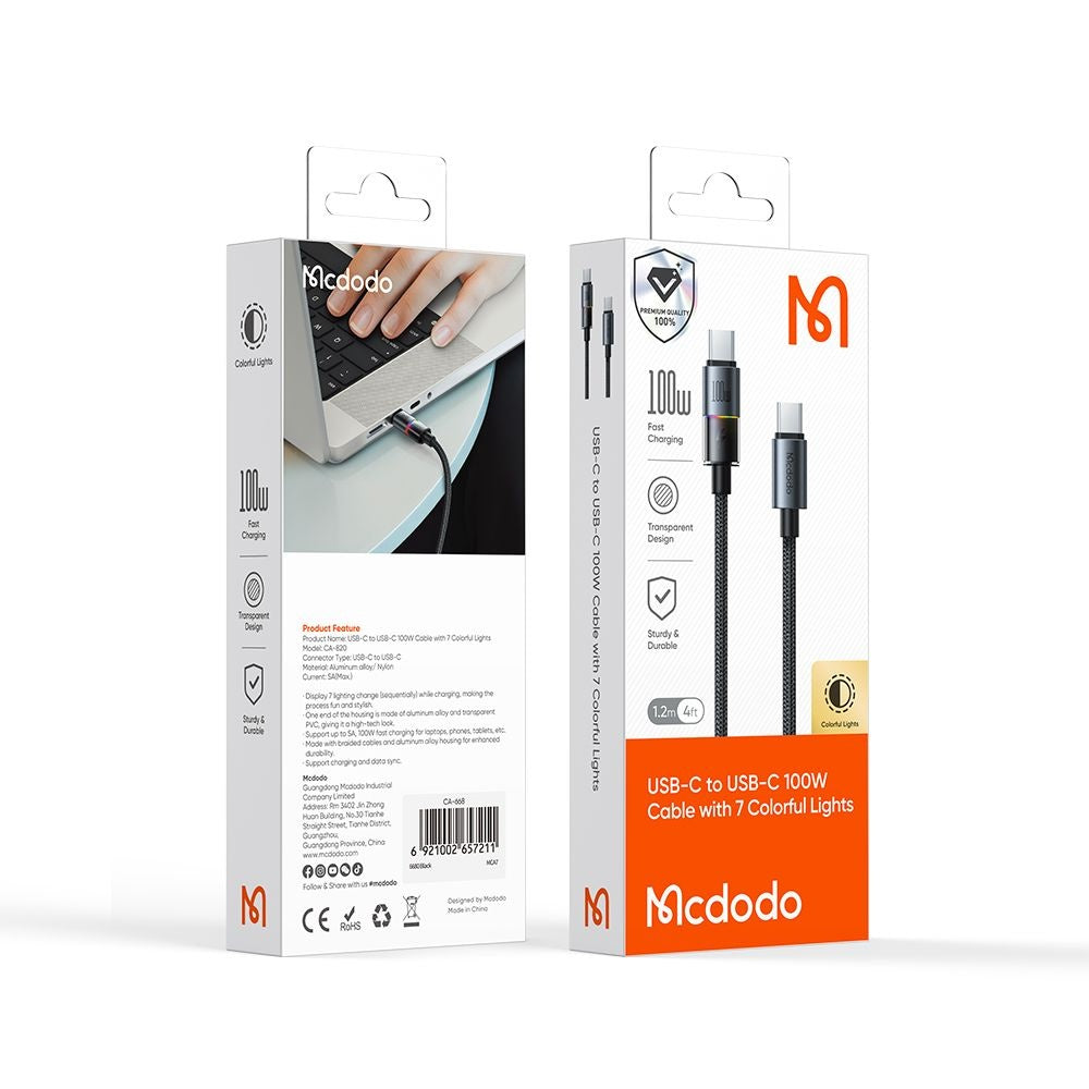 Data- og opladningskabel USB-C - USB-C McDodo CA-8200 Colorful, 100W, 1.2m, Sort