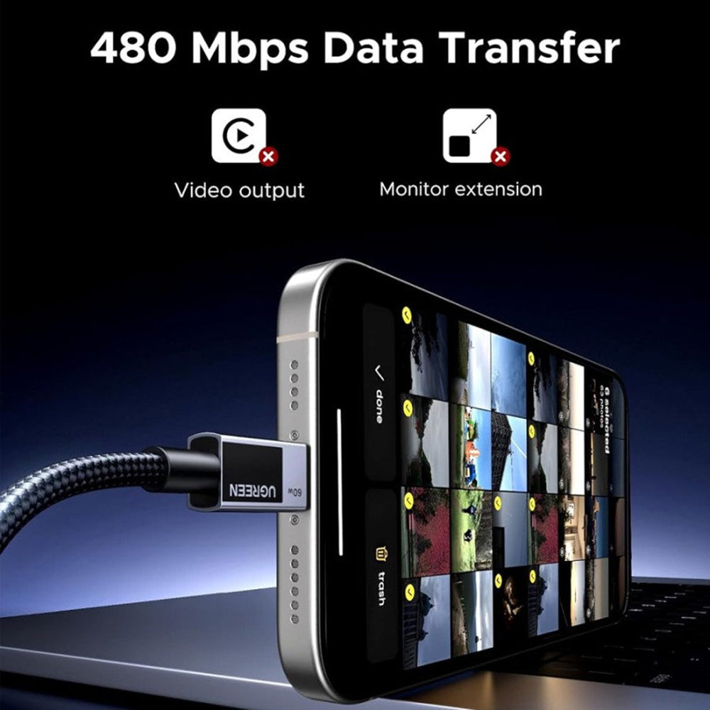 USB-C Data- og Opladningskabel - USB-C UGREEN L524, 60W, 1m, Grå