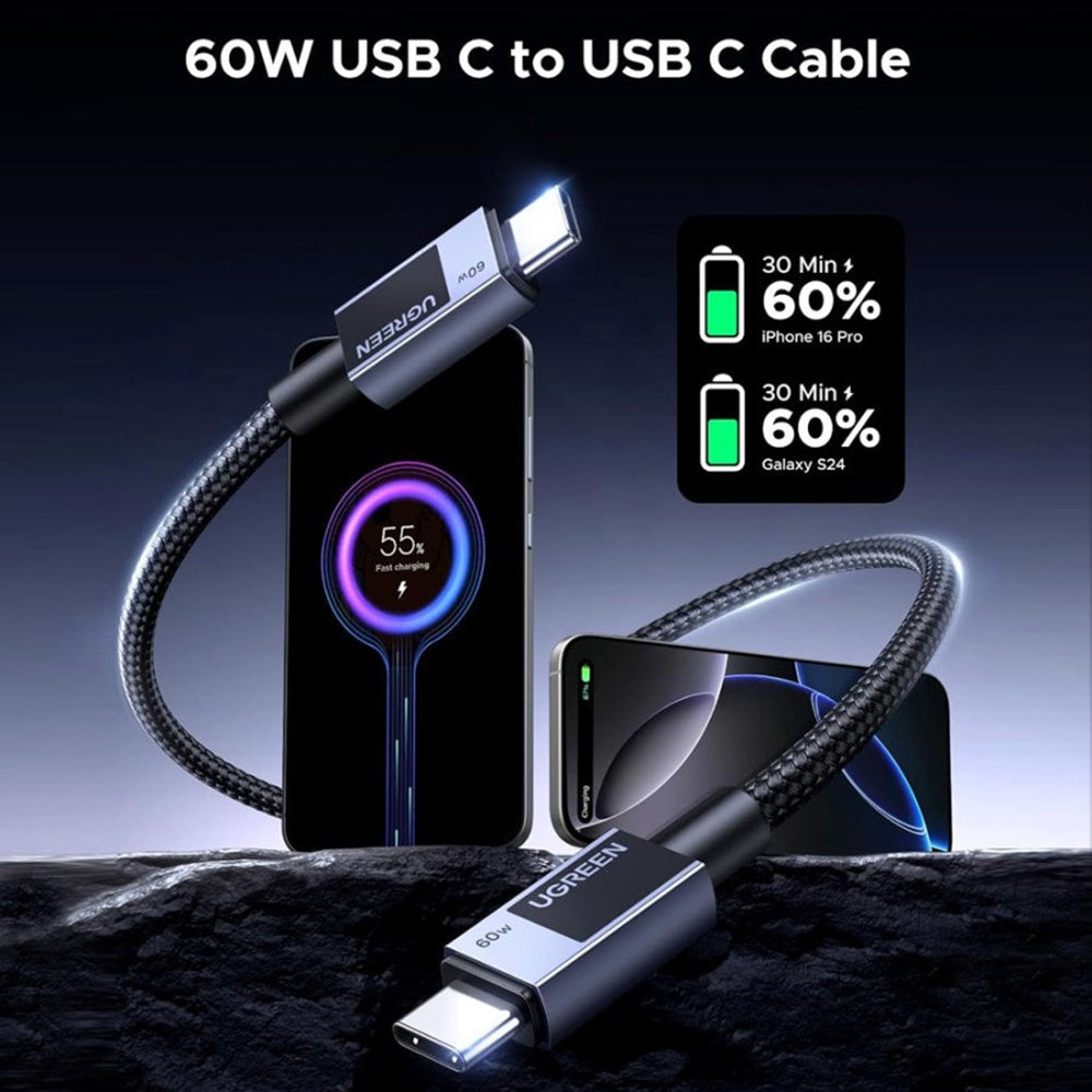 USB-C Data- og Opladningskabel - USB-C UGREEN L524, 60W, 1m, Grå