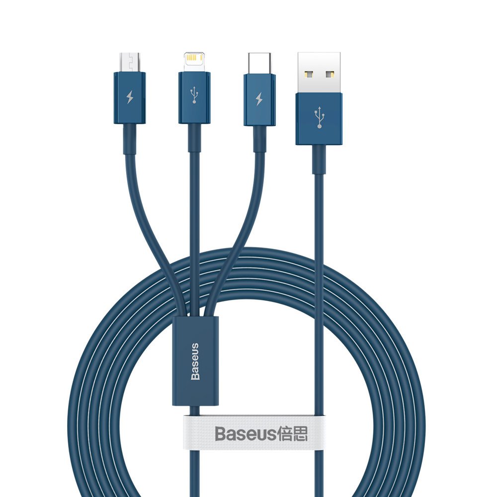 Opladningskabel USB-A - Lightning / microUSB / USB-C Baseus Superior 3in1 Series, 20W, 1,5 m, blå CAMLTYS-03
