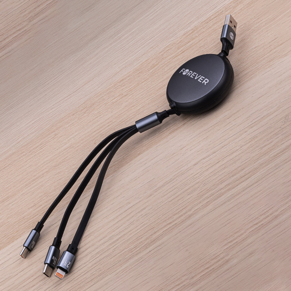 Opladerkabel USB-A - Lightning / 2 x USB-C Forever 3in1, 100W, 1.2m, Sort