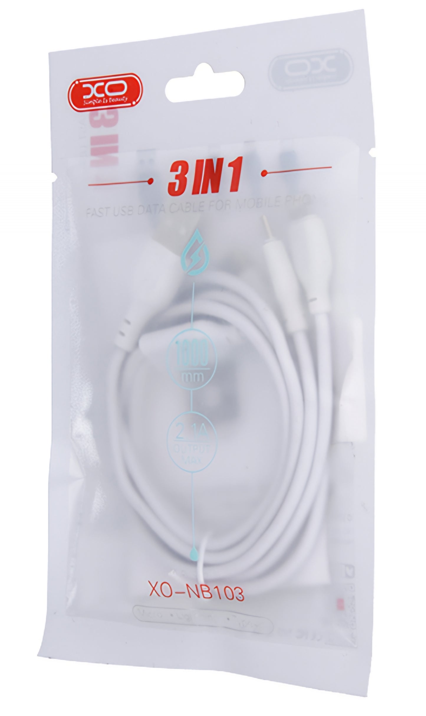 USB-A - Lightning / microUSB / USB-C opladerkabel XO Design NB103 3i1, 10W, 1m, Hvid