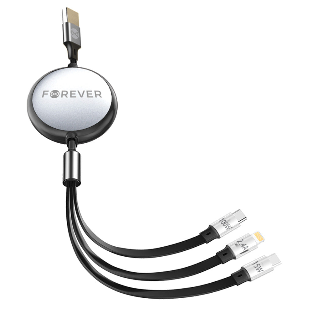 Opladerkabel USB-A - Lightning / 2 x USB-C Forever 3in1, 100W, 1.2m, Sort