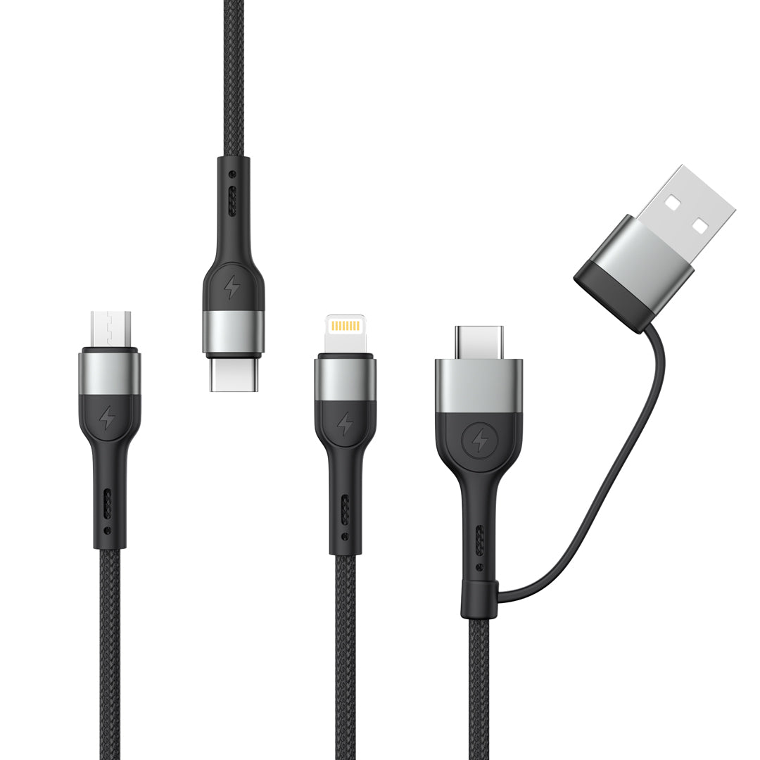 Opladningskabel USB-A / USB-C - Lightning / microUSB / USB-C XO Design NB254 3in1, 60W, 1,2m, Sort