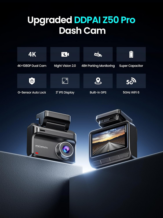 Bil Kamera Foran Bag DDPAI Z50 Pro Dual, 4K, Wi-Fi, GPS, Display 3 tommer