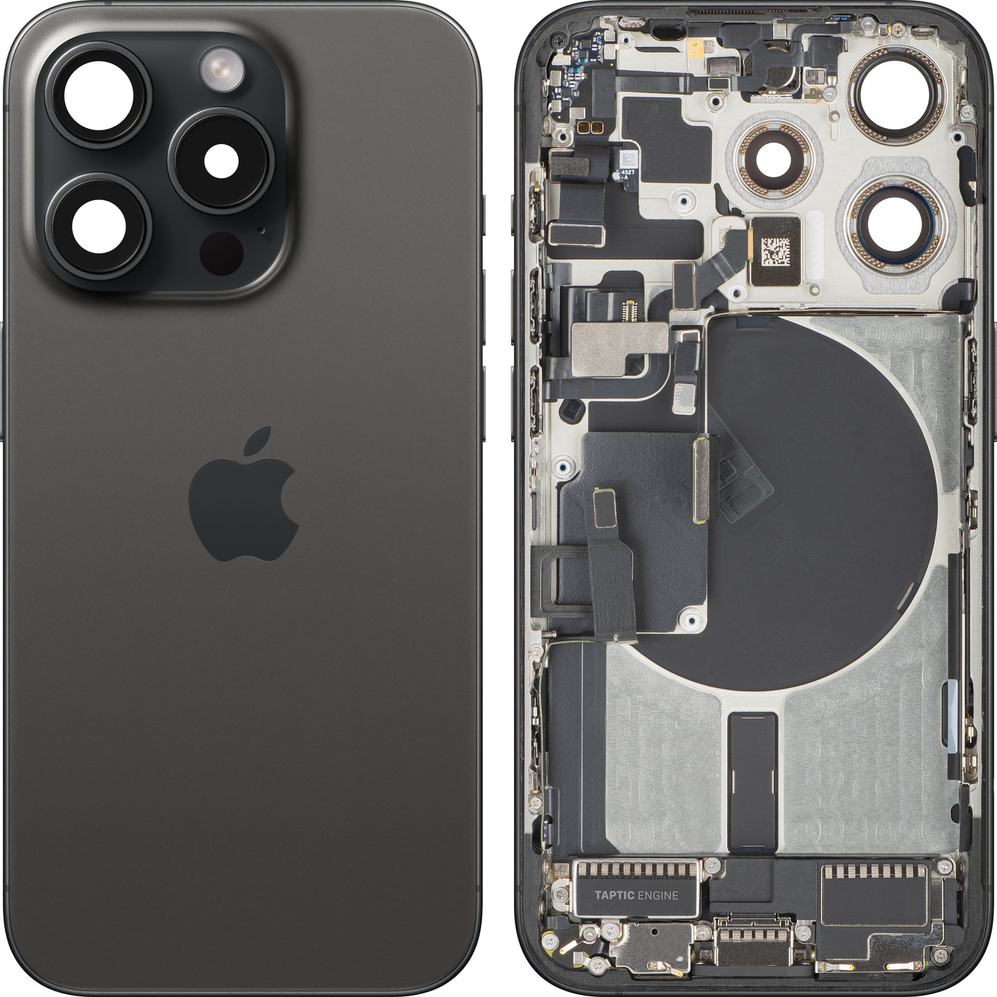Batteridæksel Apple iPhone 15 Pro, med midterhus, komplette dele, sort (Black Titanium), swap