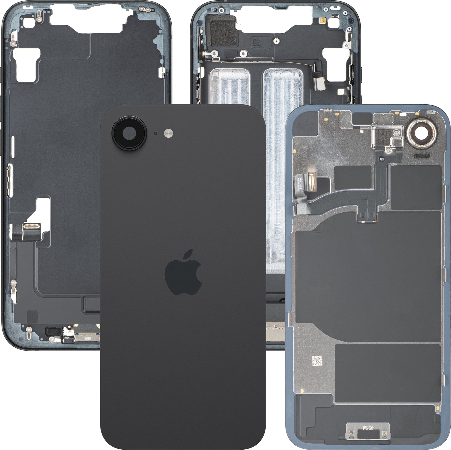 Batteridæksel Apple iPhone 16e, med midterhus, komplette dele, sort, swap