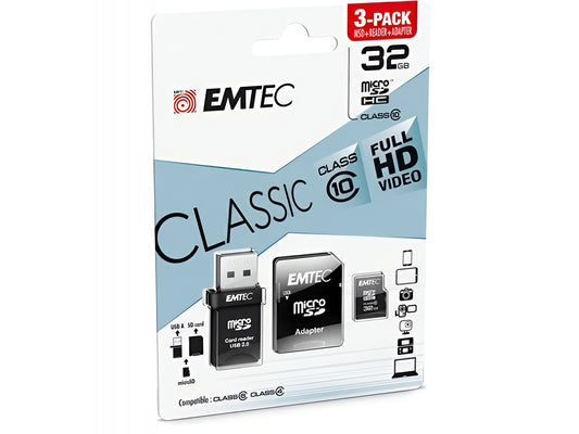 Hukommelseskort microSDHC Emtec C10 Classic, 32Gb, Klasse 10, Med Kortlæser og Adapter ECMSDM32GHC10CGRA2