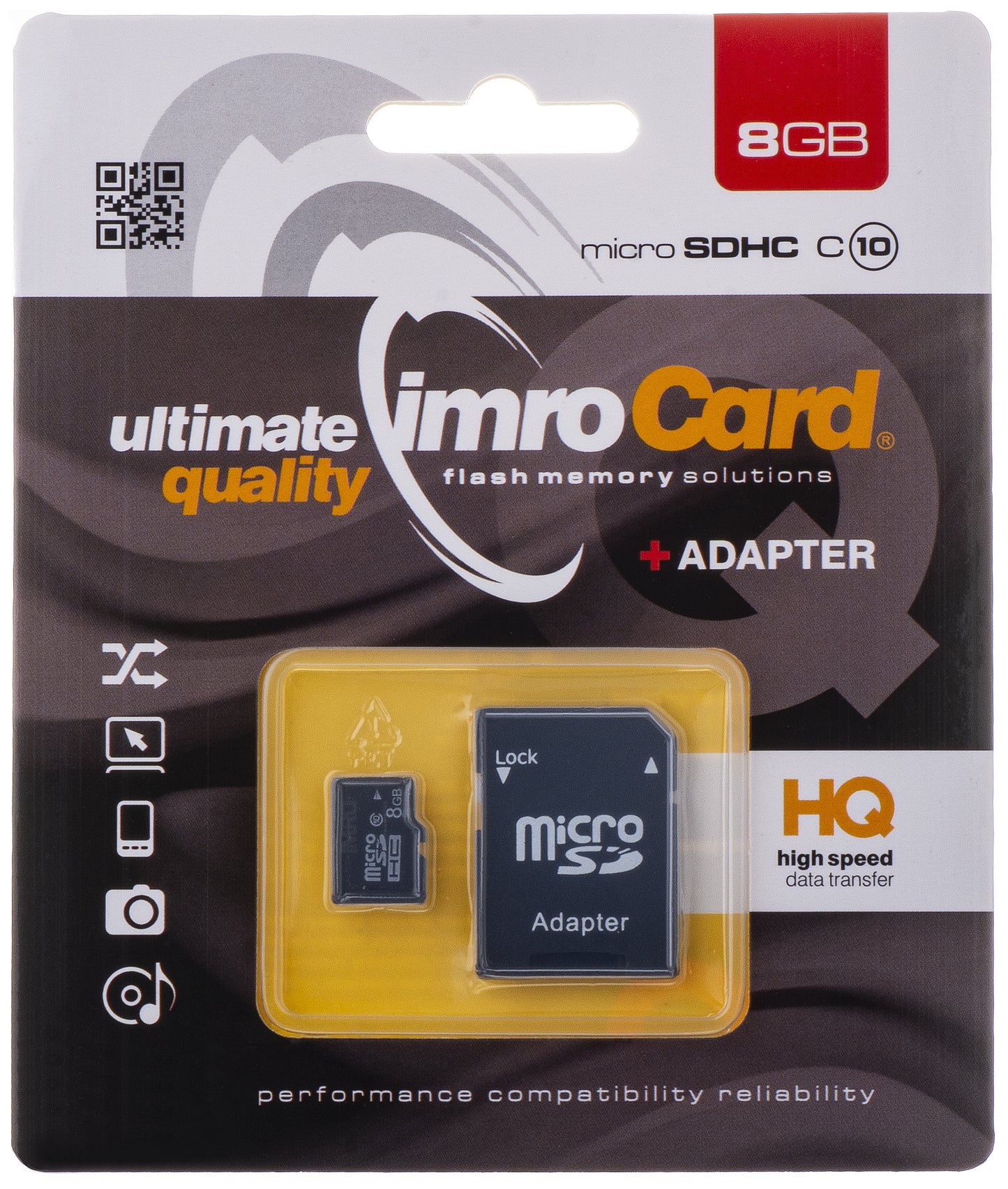 MicroSDHC hukommelseskort Imro, 8Gb, Klasse 10, Med Adapter