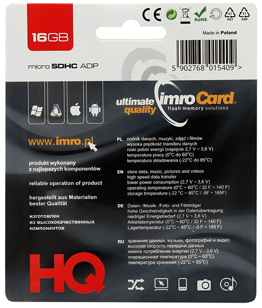 Hukommelseskort microSDHC Imro, 16Gb, Klasse 4, Med Adapter