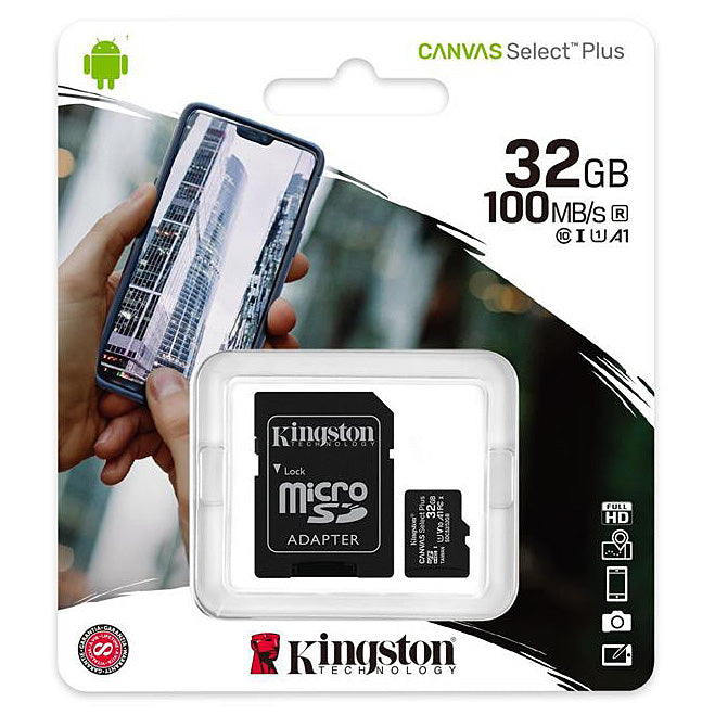 Hukommelseskort microSDHC Kingston Canvas Select Plus Android A1, 32Gb, Class 10 / UHS-1 U1, med SDCS2/32GB-adapter