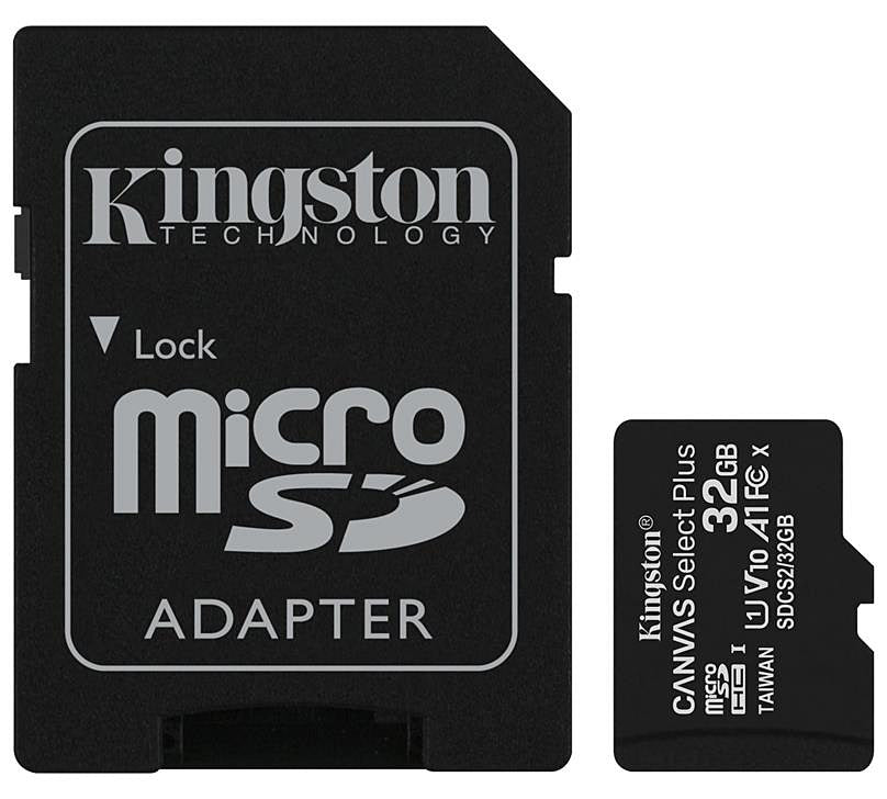 Hukommelseskort microSDHC Kingston Canvas Select Plus Android A1, 32Gb, Class 10 / UHS-1 U1, med SDCS2/32GB-adapter
