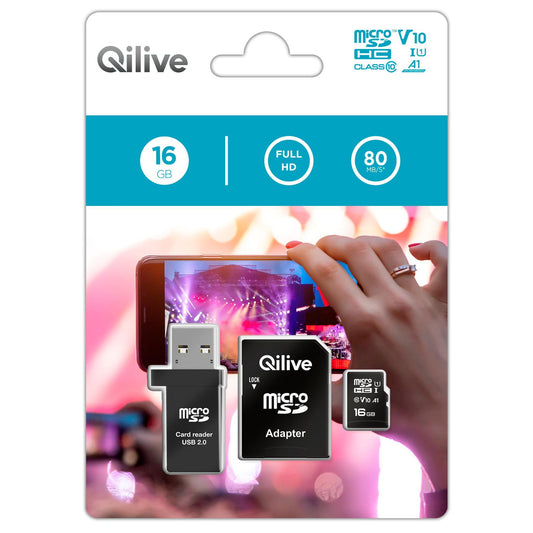 microSDHC hukommelseskort Qilive, 16Gb, Klasse 10, med kortlæser og adapter EKMSDM16GHC10QL