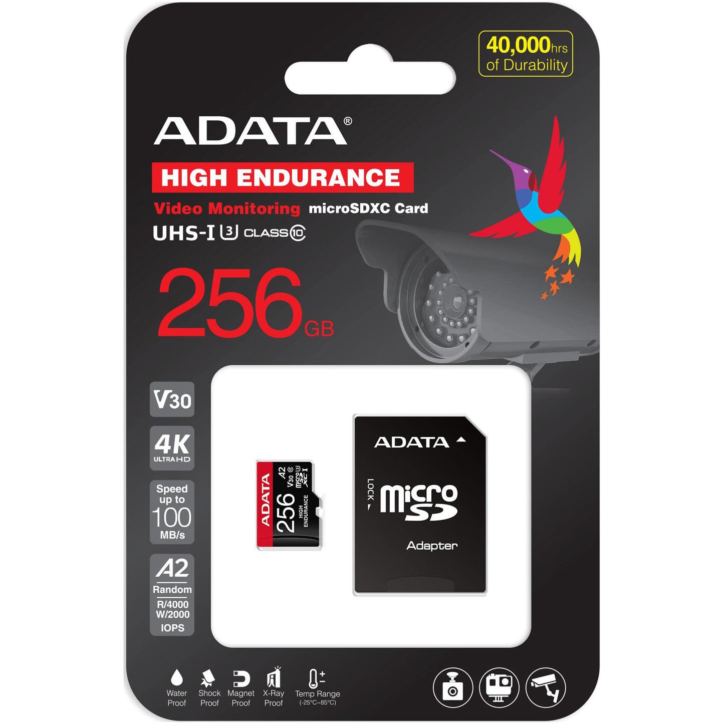 Hukommelseskort microSDXC Adata High Endurance, 256Gb, Klasse 10 / UHS-1 U3, Med Adapter AUSDX256GUI3V30SHA2-RA1