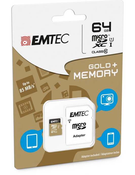MicroSDXC-hukommelseskort Emtec Gold+, 64Gb, Klasse 10 / UHS-1 U1, Med Adapter ECMSDM64GXC10GP