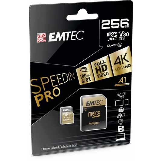 MicroSDXC-hukommelseskort Emtec Speedin Pro Android A1, 256Gb, Klasse 10 / UHS-1 U3, med adapter ECMSDM256GXC10SP
