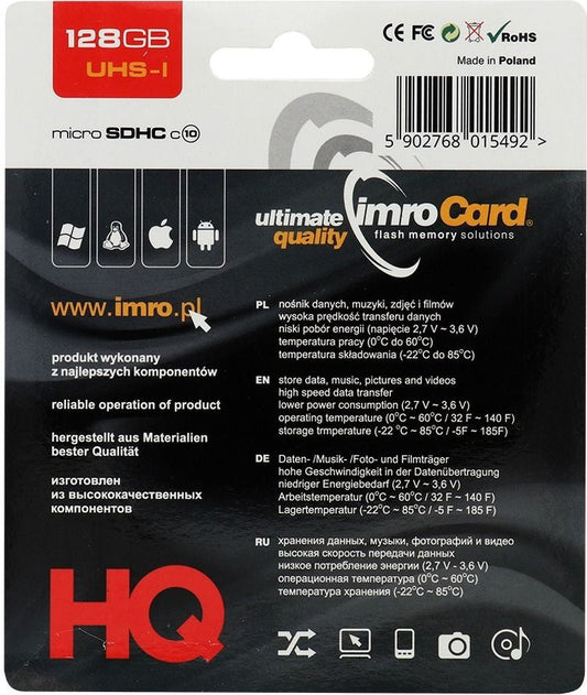 MicroSDXC-hukommelseskort Imro, 128GB, Klasse 10 / UHS-1 U1, med adapter