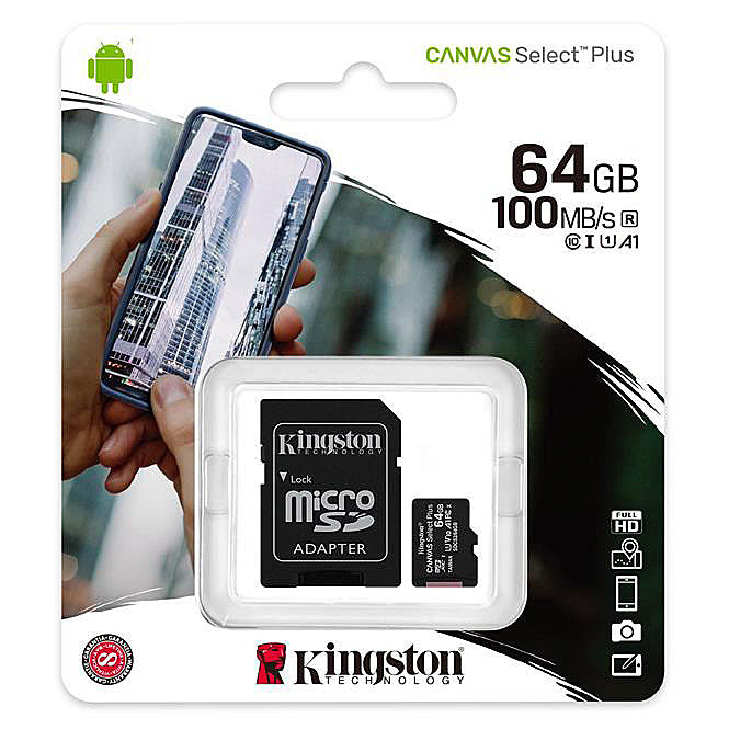 Kingston Canvas Canvas Select Plus Android A1, 64Gb, Class 10 / UHS-1 U1, microSDXC-hukommelseskort Kingston Canvas Select Plus Android A1, 64Gb, Class 10 / UHS-1 U1, med SDCS2/64GB-adapter