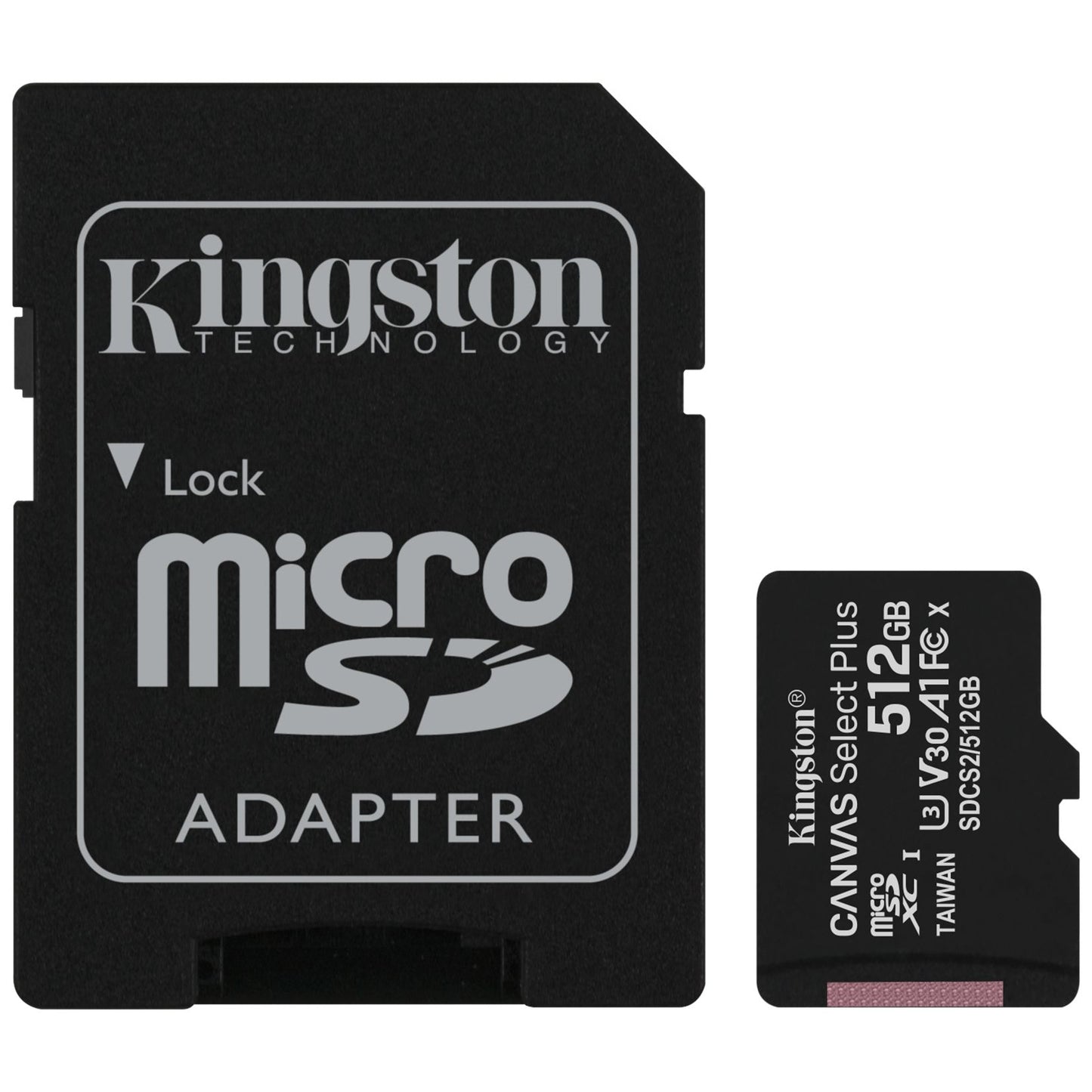 microSDXC hukommelseskort Kingston Canvas Select Plus Android A1, 512Gb, Klasse 10 / UHS-1 U3, med adapter SDCS2/512GB