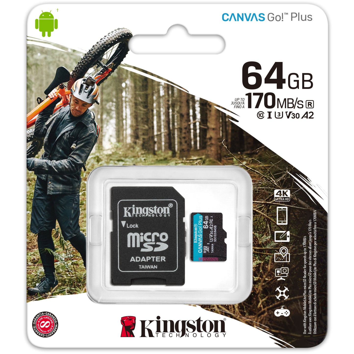 Kingston Canvas Go Plus Android A2 microSDXC hukommelseskort, 64GB, Klasse 10 / UHS-1 U3, med adapter SDCG3/64GB