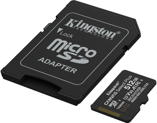 Kingston Canvas Select Plus Android A1 microSDXC hukommelseskort, 512GB, Klasse 10 / UHS-1 U3, med adapter SDCS3/512GB