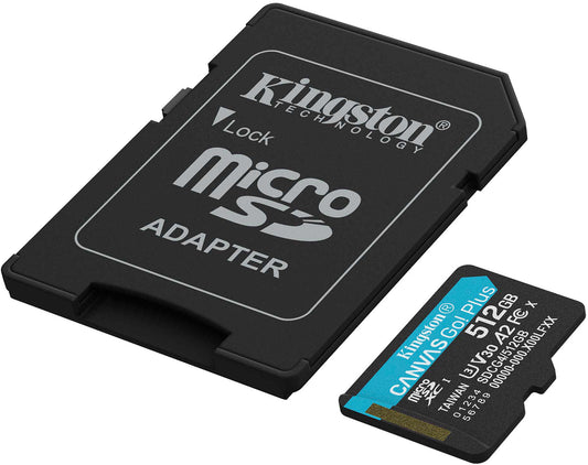 Kingston Canvas Go Plus microSDXC hukommelseskort Android A2, 512Gb, Klasse 10 / UHS-1 U3, med adapter SDCG4/512GB